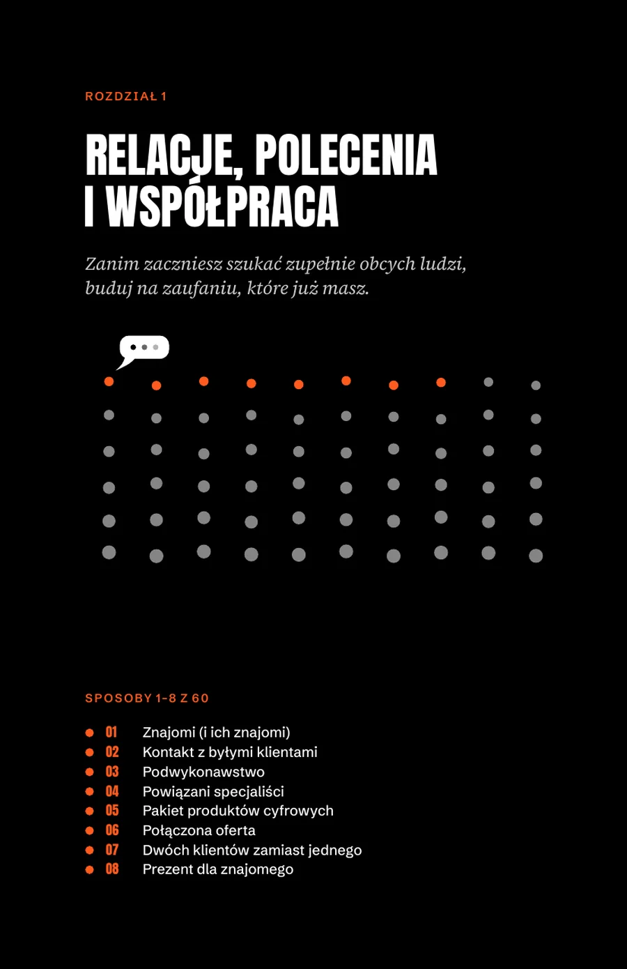 Strona otwierająca rozdział 1: Relacje, polecenia i współpraca, z tłumem kropek i spisem sposobów